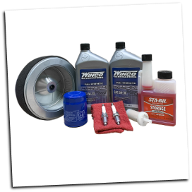 WINCO Maintenance Kit 16200-005 Compatibility Honda GX630-Contents  Air filter, oil filter, fuel filter, spark plugs, 5W-30 oil, Sta-bil, and mechanics cloth